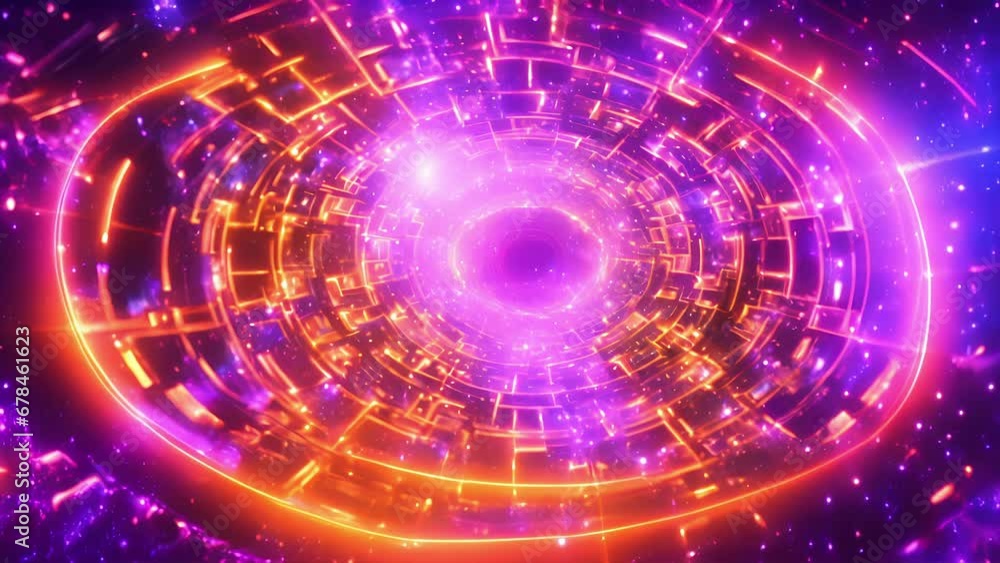 Poster abstract depiction astral labyrinth, where flashes light bursts color represent celestial bodies mov