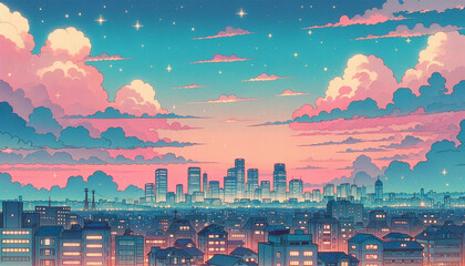 Fototapeta premium Skyline of the city at sunset with clouds and stars in japanese anime style illustration. Generative AI.