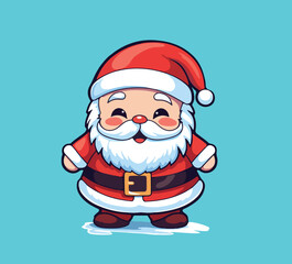 cartoon cute Christmas illustrations isolated on red. Funny happy Santa Claus character with gift, bag with presents, waving and greeting. For Christmas cards, banners, tags and labels sticker.

