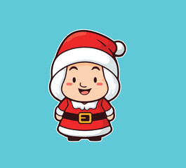 cartoon cute Christmas illustrations isolated on red. Funny happy Santa Claus character with gift, bag with presents, waving and greeting. For Christmas cards, banners, tags and labels sticker.
