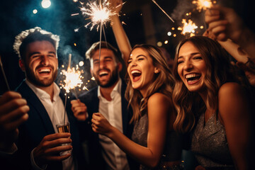 Group of people hold drinks and sparklers to celebrate a New Year's party