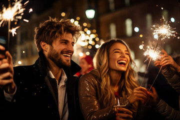 Young couple celebrate New Years eve party while holding sparklers outside