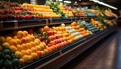 Fresh fruits and vegetables, organic and healthy, fill supermarket shelves generated by AI
