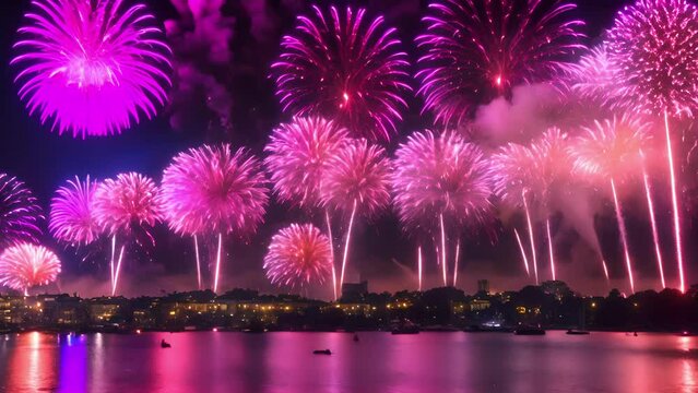 Closeup grand finale fireworks bursting rapid succession, filling with cacophony colors sounds before fading into darkness.