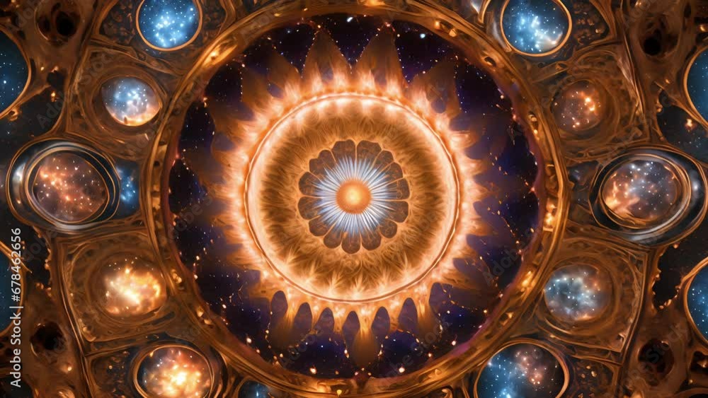 Poster cosmic kaleidoscope mesmerizing blend outer space astrological symbolism, creating sense cosmic wond