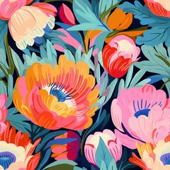Abstract flowers and leaves painted seamless repeating pattern. 