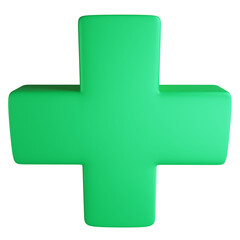 Green plus symbol clipart flat design icon isolated on transparent background, 3D render medication and health concept