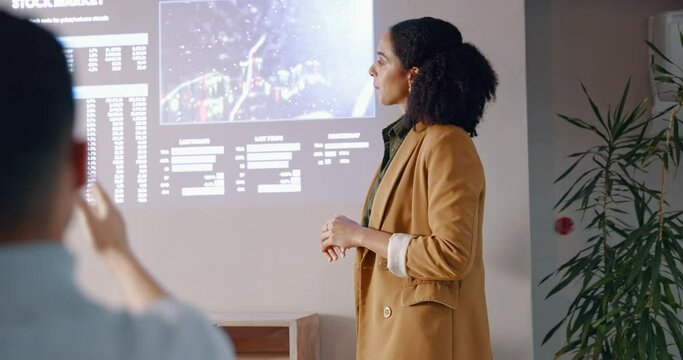 Speaker, woman and presentation with workshop, clean energy and global change with information, seminar and question. Person, group or worker with sustainability, conference or research with feedback