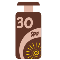 Sunscreen bottle isolated on white background. Doodle style orange tube of sun cream with sun sign and 30 sun protection factor SPF text.