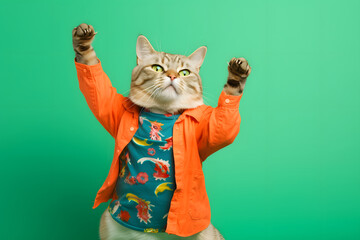 Gato con ropa camisa y chamarra bailando fondo liso verde - obrazy, fototapety, plakaty