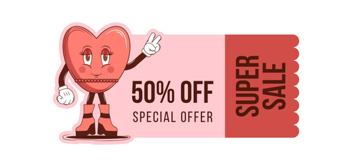Voucher, cupon design for Retro Happy Valentines Day with Groovy lovely cartoon characters Heart and elements. Love and romance concept for super sale. Vector