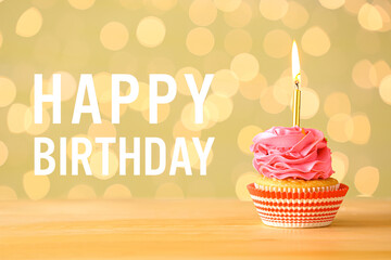 Birthday greeting card with tasty cupcake on yellow background