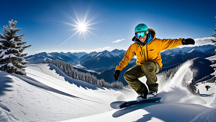 Fototapeta na wymiar snowboarder on the slope, Mountain-skier jump side view outdoors, Snowboarding, Winter Sports, Snowboarder Action, Mountain Slope, 
