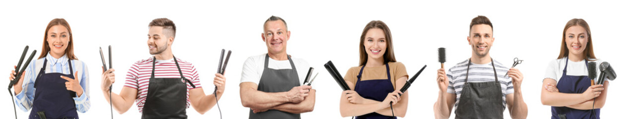 Set of different hairdressers on white background