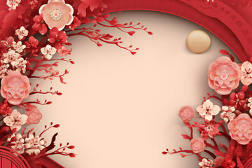 Happy Chinese New Year composition. Paper cut and blossom flowers on a red background. Paper-style Chinese New Year background