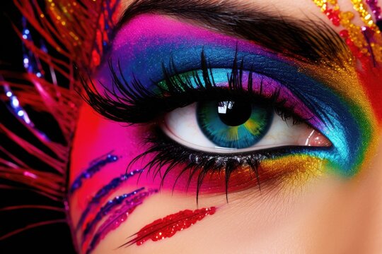 Close-up of a woman's eye in multicolor make up. Generative AI technology.