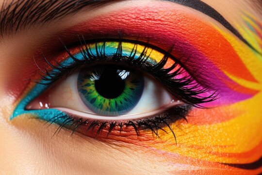 Close-up of a woman's eye in multicolor make up. Generative AI technology.