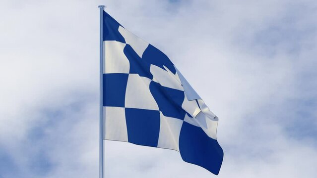 風になびく白と青のチェック模様の旗