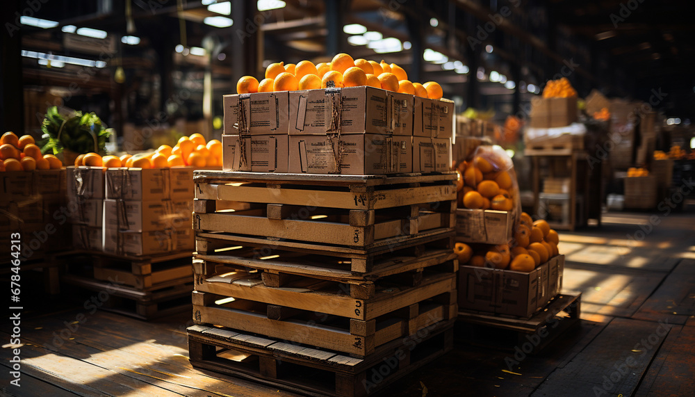 Poster fresh organic fruits and vegetables stacked in large crates generated by ai