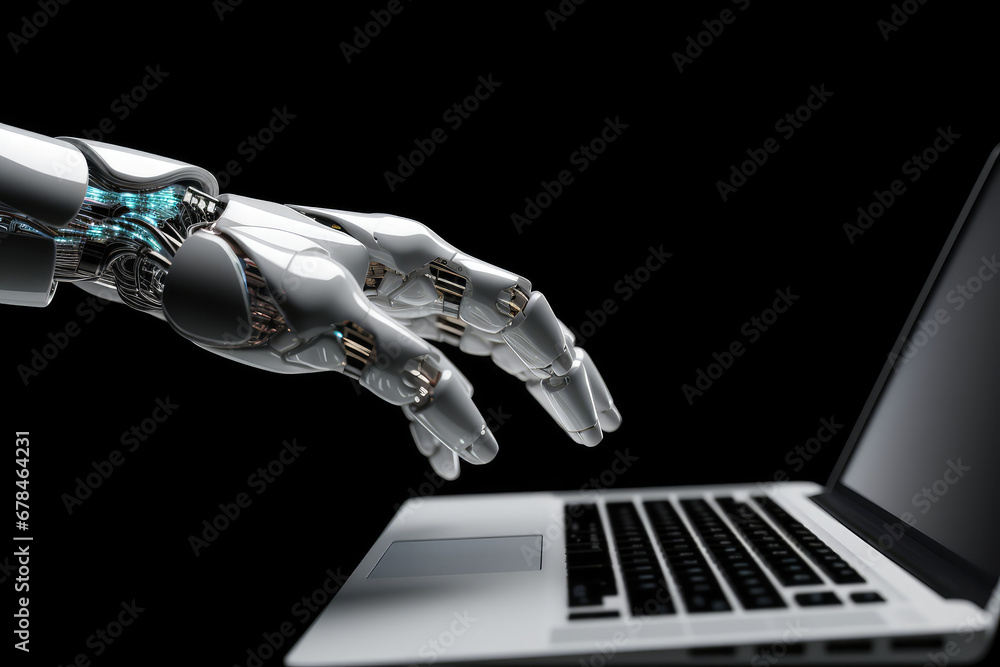 Poster a hand of a robot typing on a laptop, chatbot robotic futuristic artificial intelligence concept. ai