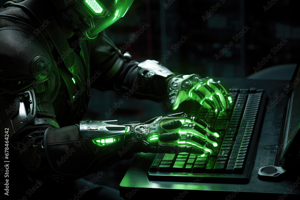 Poster a hand of a robot typing on a laptop, chatbot robotic futuristic artificial intelligence concept. ai