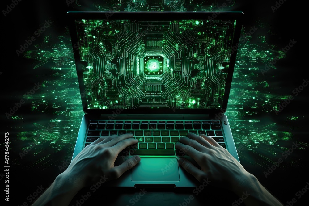 Aufkleber hacker on a laptop and engaged in cybercrime . generative ai
