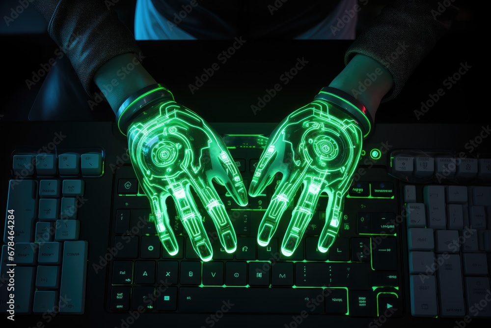 Poster a hand of a robot typing on a laptop, chatbot robotic futuristic artificial intelligence concept. ai