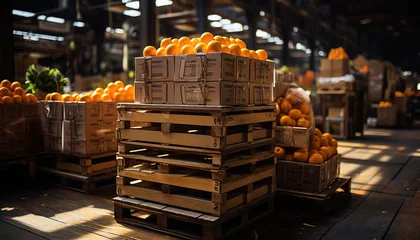  Fresh organic fruits and vegetables stacked in large crates generated by AI © Stockgiu