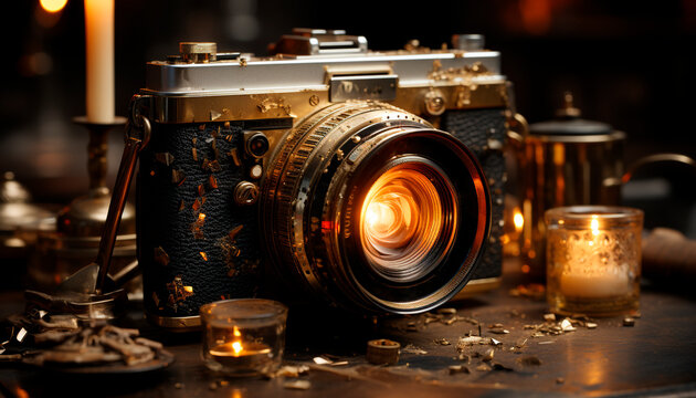 Old fashioned camera on dark wooden table, capturing nostalgic still life generated by AI