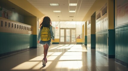 The back of a small child in the school corridor