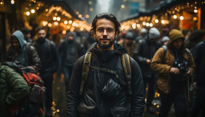 Fototapeta premium Young adults walking in the city at night, smiling and illuminated generated by AI