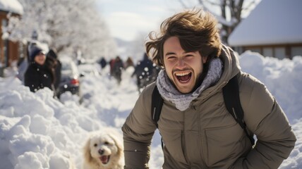 Young man enjoying a snowfall in a snow fight with his dog