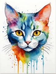watercolor painting, A single line art, a super minimal cat head, high quality, 8K Ultra HD, masterpiece, Watercolor, wash technique, colorful, A painting with dripping and scattered paint