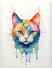 watercolor painting, A single line art, a super minimal cat head, high quality, 8K Ultra HD, masterpiece, Watercolor, wash technique, colorful, A painting with dripping and scattered paint