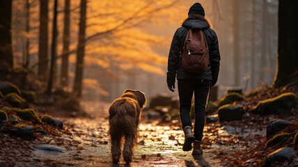A man walking in an autumn forest accompanied by his dog