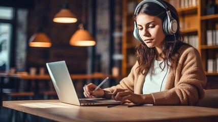 Female college students using laptops to research, music headphones, college students resting