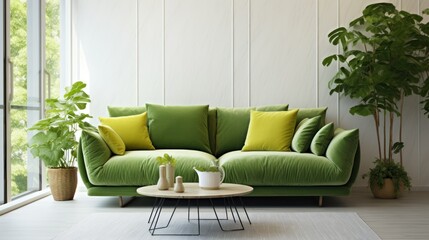Details in the house and design,Home interior mock-up with green sofa, table and decor in living...