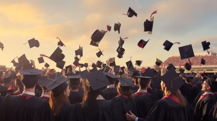 Education concept,rowing graduation caps in the air - obrazy, fototapety, plakaty