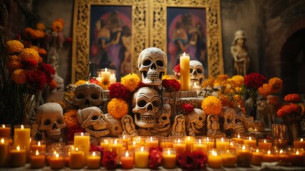 Shot of an altar of the dead with some of its traditional elements such as marigold flower and candles - obrazy, fototapety, plakaty