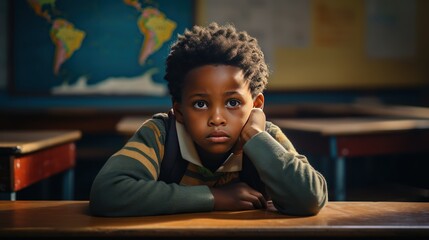 Portrait of a young African child with a sad face in the classroom.  - obrazy, fototapety, plakaty