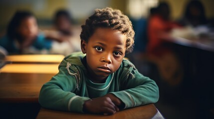 Portrait of a young African child with a sad face in the classroom. 