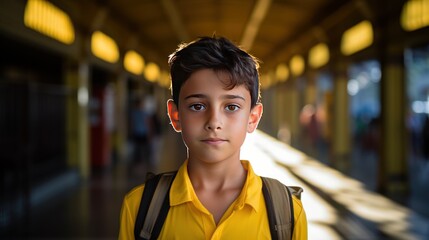 Naklejka premium Portrait of boy wearing a yellow shirt and carrying a backpack standing in the school corridor 