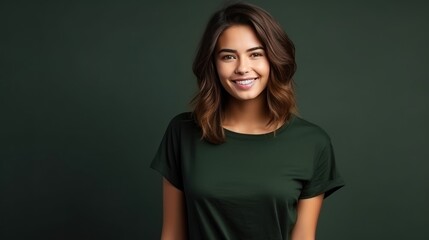 Fototapeta premium Portrait of funny young lady dressed casual t-shirt smiling on dark green background.