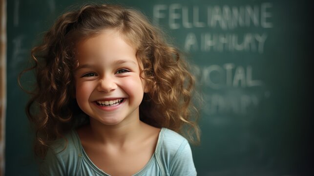 Education and happiness, Portrait of a happy smiling little girl, chalkboard face with lettering.