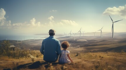 carefree father engineer keeping his daughter for hand and looking on windmill field