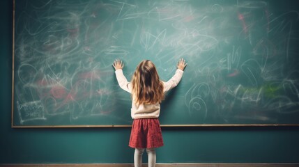 Graduation concept, Rear view of little girl cleaning blackboard in classroom, details in school