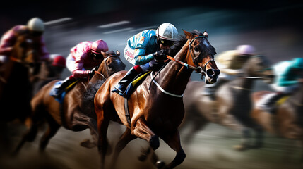 On the racetrack, the riders galloped on their horses, Dark moody lighting, slow shutter speed 
