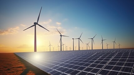 solar cell plant and wind generators under blue sky on sunset.