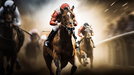Foto op Canvas electrifying scene of race horses and jockeys fiercely competing on the track. The head-on view captures the intensity of galloping horses, their powerful muscles in motion © HansAdam