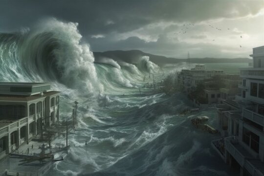 Illustration depicting massive waves caused by a tsunami pounding a town. Generative AI